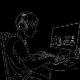 Line art drawing of a young man, representing Adin Ross, with a gaming headset, engaged in streaming at his computer with a chat feed accompanying him, inside a home setting.
