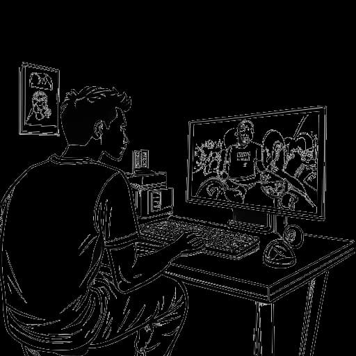 One-line sketch of a man, representing Adin Ross, eagerly playing a basketball video game, with the in-game collaboration visible on the monitor, set in a lively gaming environment.