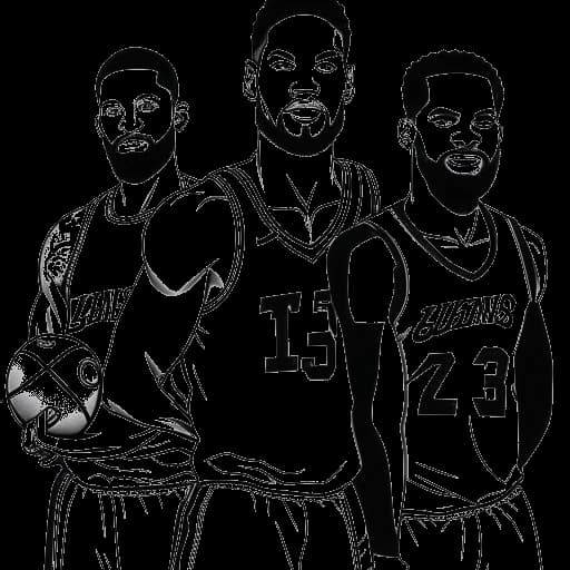 Lijnkunst tekening van drie basketbalspelers, die Adin Ross, Bronny James en LeBron James vertegenwoordigen, op een witte achtergrond