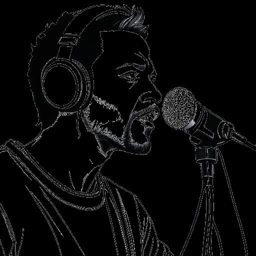 Lijnkunst tekening van een man met een microfoon en koptelefoon, die Adin Ross' relaties met hiphopartiesten en zijn crossover-aantrekkingskracht bij muziekfans vertegenwoordigt, op een witte achtergrond