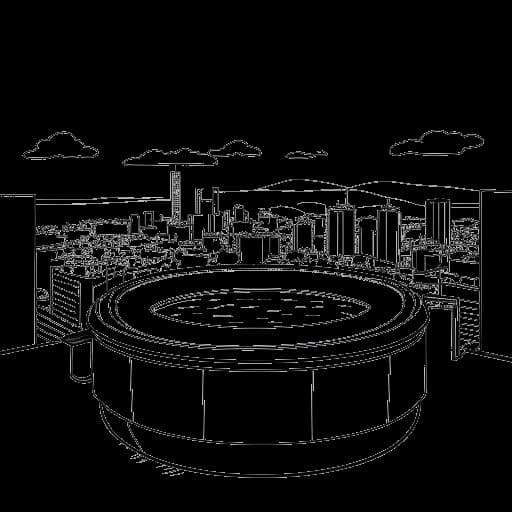 Lijnkunst tekening van een hot tub met een stadssilhouet op de achtergrond, die Adin Ross' hot tub streams in Los Angeles vertegenwoordigt, op een witte achtergrond