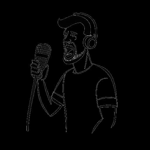 Lijnkunst tekening van een man met een microfoon met twee logo's, die Adin Ross' overgang van Twitch naar Kick vertegenwoordigt, op een witte achtergrond