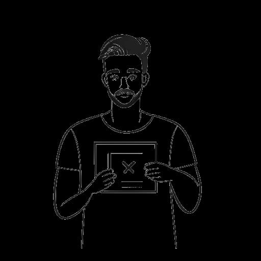 Lijnkunst tekening van een man die een YouTube-afspeelknop vasthoudt en een Instagram-logo, die de 2,62 miljoen abonnees van Adin Ross op YouTube en 2,6 miljoen volgers op Instagram vertegenwoordigt, op een witte achtergrond