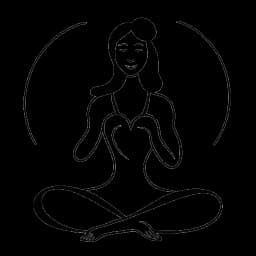 Lijntekening van een vrouw die Kayla Nicole vertegenwoordigt in een yogahouding met een tekstballon met daarin een hart, wat haar toewijding aan gezondheidsbevordering en authentieke communicatie weergeeft.