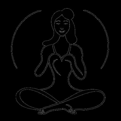 Lijntekening van een vrouw die Kayla Nicole vertegenwoordigt in een yogahouding met een tekstballon met daarin een hart, wat haar toewijding aan gezondheidsbevordering en authentieke communicatie weergeeft.