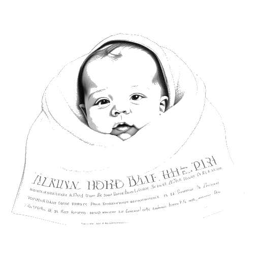 Dessin en ligne d'une petite fille, représentant Kayla Nicole, enveloppée dans une couverture, avec un certificat de naissance indiquant le nom Kayla Brown et la date du 2 novembre 1991.