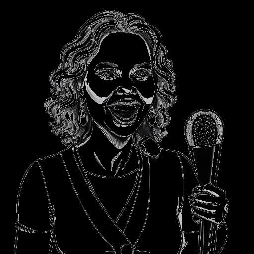 Disegno in arte lineare di una donna, rappresentante Kayla Nicole, che tiene un microfono, con caricature di Will Ferrell, Amy Poehler e Sterling K. Brown sullo sfondo.