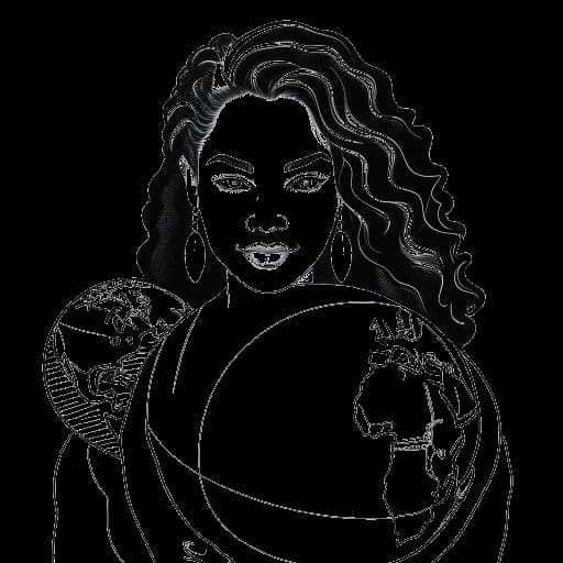 Dessin en ligne d'une femme, représentant Kayla Nicole, tenant un globe, avec des drapeaux asiatiques et antillais en arrière-plan.