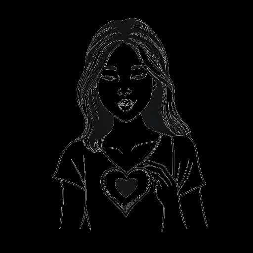 Dessin en ligne d'une femme, représentant Kayla Nicole, tenant un cœur brisé, avec les mots 'amitié' et 'réciprocité' en arrière-plan.