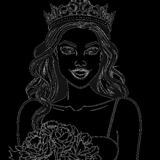 Dessin en ligne d'une femme, représentant Kayla Nicole, portant une écharpe de concours de beauté et une tiare, tenant un bouquet de fleurs, avec une affiche Miss Malibu 2013 en arrière-plan.