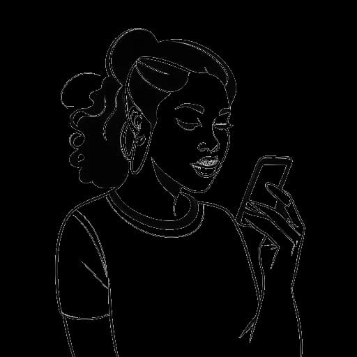 Desenho de arte de linha de uma mulher representando Tyla, olhando para a tela do celular exibindo uma mensagem do Drake, com um balão de pensamento mostrando notas musicais.
