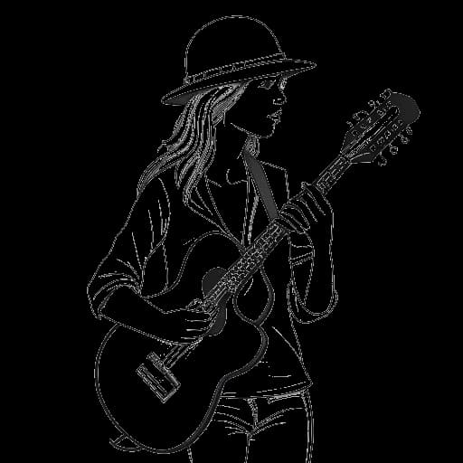 Desenho de arte de linha de uma mulher representando Tyla, segurando um capacete de segurança e uma guitarra, simbolizando sua transição da engenharia de mineração para uma carreira na música.