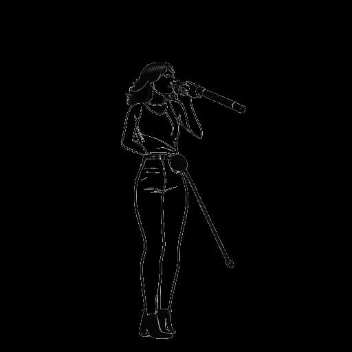 Desenho de arte de linha de uma mulher representando Tyla, no palco com um microfone, com uma faixa exibindo 'Turnê Tyla 2024' na cena.