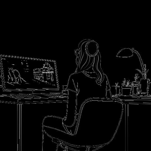 Desenho de arte de linha de uma mulher representando Tyla, sentada na frente de um computador com a tela de reprodução do vídeo 'Water' e um contador exibindo 3 milhões de visualizações.