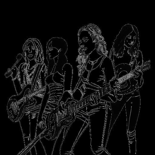 Line art drawing of Beyoncé with her all-female band, aiming to inspire younger generations