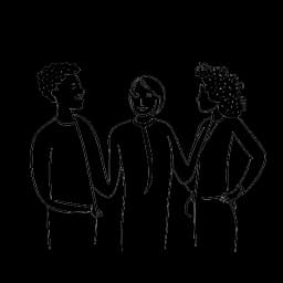 Line art drawing of three people collaborating, representing Shoe0nHead's collaborations with fellow YouTubers.