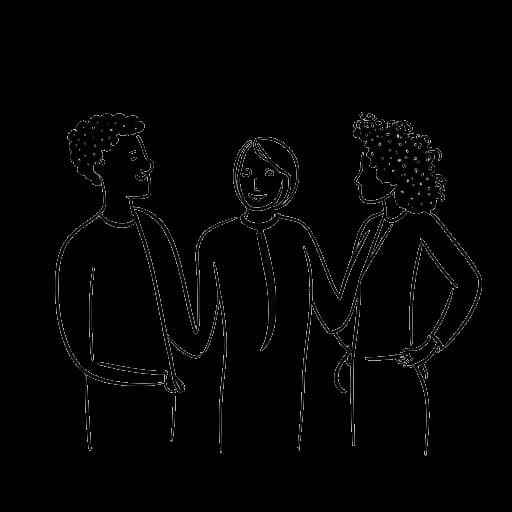 Line art drawing of three people collaborating, representing Shoe0nHead's collaborations with fellow YouTubers.