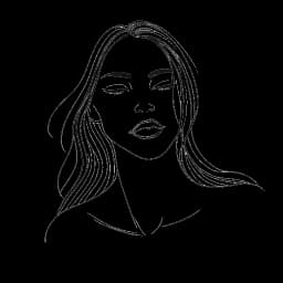 Line art drawing of a woman representing Shoe0nHead, with long hair, against a white background.