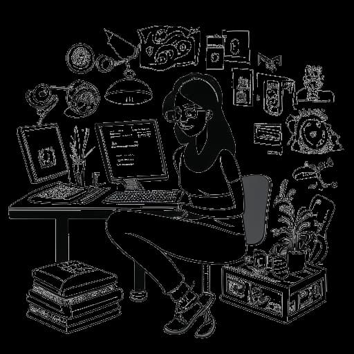 Lijntekening van een vrouw die Shoe0nHead vertegenwoordigt, zittend achter een computer met een microfoon, terwijl ze een YouTube-video opneemt. Sociale media-pictogrammen omringen haar, wat wijst op haar online aanwezigheid en contentcreatie. Een stapel dollarbiljetten aan de zijkant vertegenwoordigt haar financieel succes.