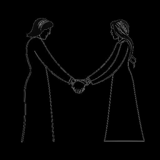 Lijntekening van een vrouw, die Shoe0nHead vertegenwoordigt, houdt handen vast met een man, die Eudaimonia vertegenwoordigt, met trouwringen en een kruis
