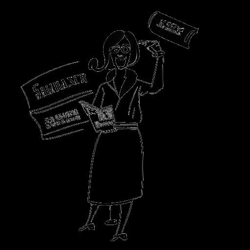 Lijntekening van een vrouw, die Shoe0nHead vertegenwoordigt, houdt een megafoon vast met 'sociale kwesties' erop geschreven en een krant met 'Balenciaga' en 'gezondheidszorg' erop geschreven