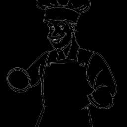 A black and white one-line drawing of a man representing Will Tennyson. He is wearing a chef's hat and holding a mixing bowl in one hand and a dumbbell in the other. The image symbolizes his passion for both cooking and fitness.