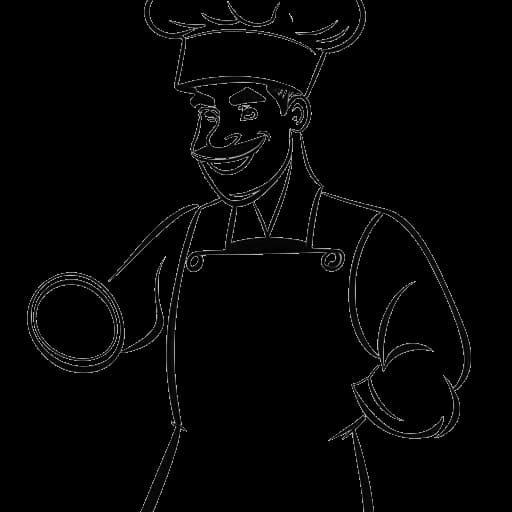 A black and white one-line drawing of a man representing Will Tennyson. He is wearing a chef's hat and holding a mixing bowl in one hand and a dumbbell in the other. The image symbolizes his passion for both cooking and fitness.
