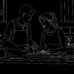 A black and white one-line drawing of a couple representing Will Tennyson and his partner, Kaitlyn. They are cooking together in a kitchen, showcasing their shared love for food and cooking.