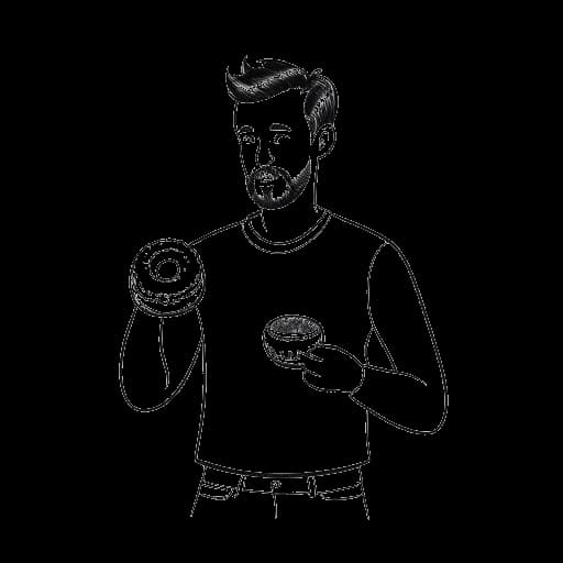 Disegno lineare di un uomo che rappresenta Will Tennyson, con una ciambella in mano e un gesto di disapprovazione verso una ciambella di torta, che illustra la sua preferenza per le ciambelle non di torta.