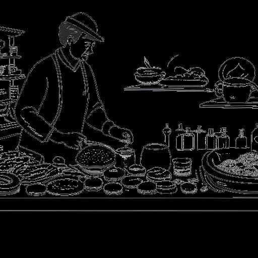 Disegno lineare di un uomo che rappresenta Will Tennyson, che cucina davanti a una linea del tempo storica, che mostra i diversi cibi e le loro tendenze nel corso della storia.