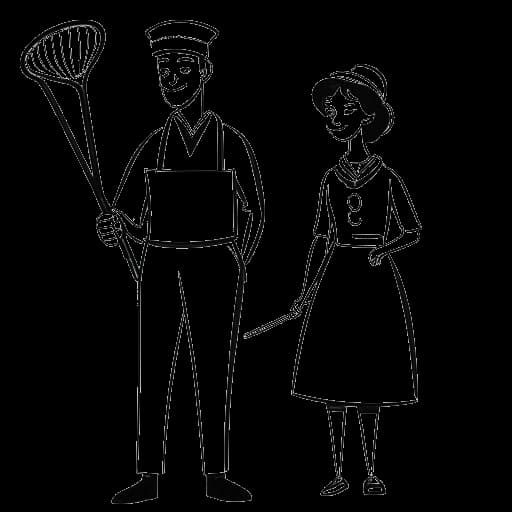 Disegno lineare di un uomo che rappresenta Will Tennyson, con in mano una mazza da hockey e una spatola da cucina, con accanto una donna con un cappello da chef, che simboleggia sua madre.