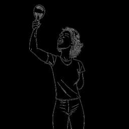 Strichzeichnung einer siegreichen Frau, die Dagi Bee repräsentiert und einen Preis sowie ein Mikrofon hält, was ihre Erfolge in Musik und Online-Inhaltsproduktion symbolisiert.