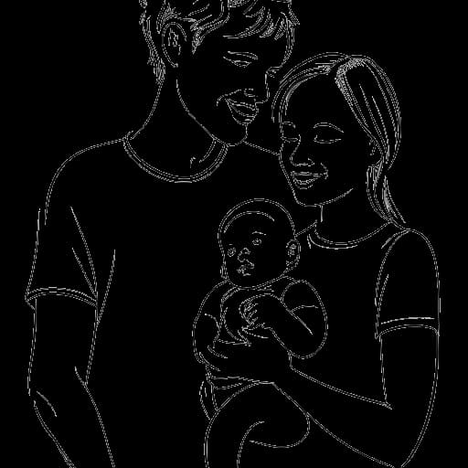 Strichzeichnung einer glücklichen Familie, bestehend aus einem Mann, einer Frau und einem Baby, die Dagi Bee, ihren Ehemann und ihr Kind repräsentiert.