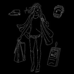 Strichzeichnung einer Frau, die Dagi Bee repräsentiert, dargestellt mit verschiedenen Leidenschaften wie einem Rucksack und einer Kamera zum Reisen, einer modischen Kleidung, sowie einem Superheldenumhang, um ihren Kampf gegen Cybermobbing zu symbolisieren.