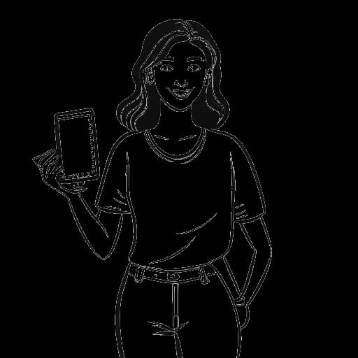 Strichzeichnung einer Frau, die Dagi Bee repräsentiert, die eine Klappertafel und ein Mikrofon hält, mit einem YouTube-Play-Button-Abzeichen um den Hals, was ihre vielfältigen Einkommensquellen widerspiegelt.