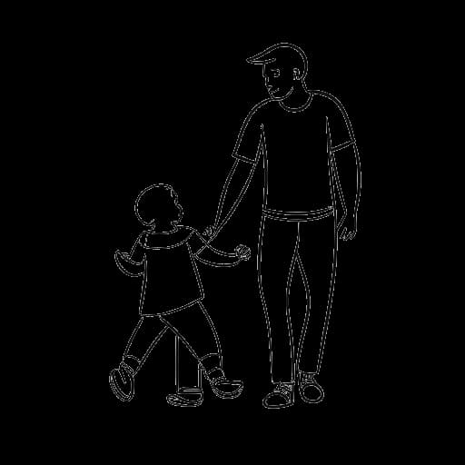 Strichzeichnung einer Frau und eines Mannes, die Dagi Bee und Eugen Kazakov darstellen, Hand in Hand halten, wobei sie einen Ehering trägt und im Hintergrund ein Kinderwagen ist