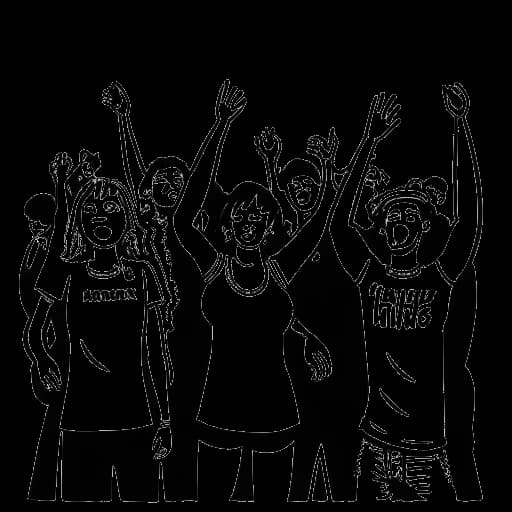 Strichzeichnung einer Frau und zwei Männern, die Dagi Bee, Liont und Kayef darstellen, die zusammenstehen, zu einer Menschenmenge winken, mit den Worten 'Hamburg Fan Meeting' im Hintergrund