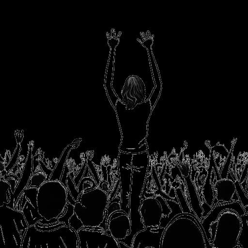 Strichzeichnung einer Frau, die Dagi Bee darstellt, auf einer Bühne steht, zu einer großen Menschenmenge winkt, während im Vordergrund einige Leute Verbände halten