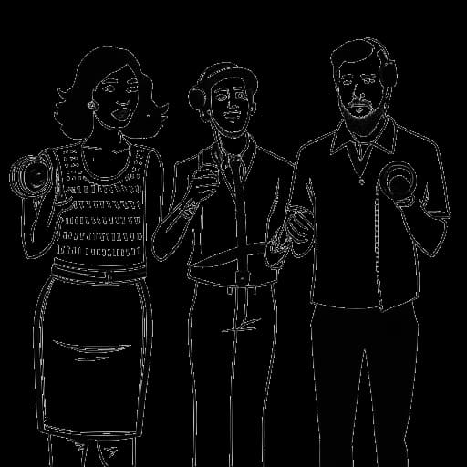 Strichzeichnung einer Frau und zweier Männer, die Dagi Bee, KC Rebell und Julien Bam darstellen, die zusammenstehen, wobei einer ein Mikrofon und der andere eine Kamera hält, mit einem Plattenlabel im Hintergrund