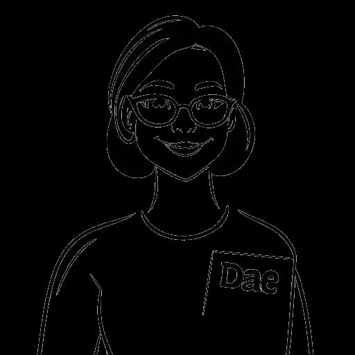 Strichzeichnung einer Frau, die Dagi Bee darstellt, mit einem Namensschild, auf dem 'Dagi' steht