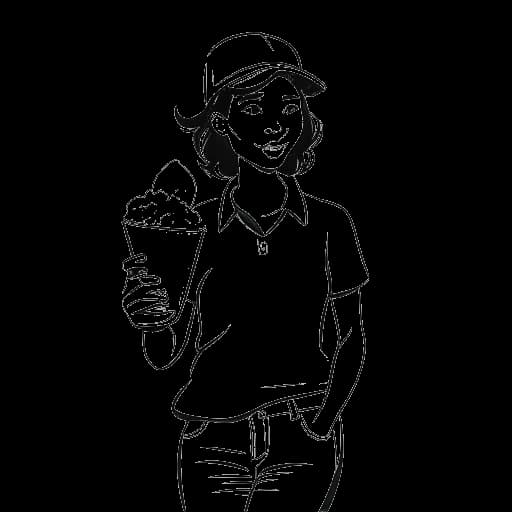 Strichzeichnung einer Frau, die Dagi Bee darstellt, Zeitungen austrägt und ein Eis hält