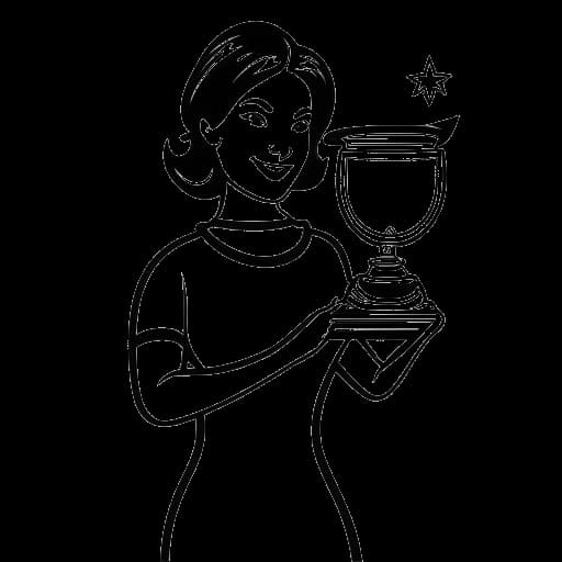 Strichzeichnung einer Frau, die Dagi Bee darstellt, eine Trophäe haltend, mit den Worten 'Schlag den Star' darauf, und einer anderen Frau im Hintergrund mit einem traurigen Ausdruck