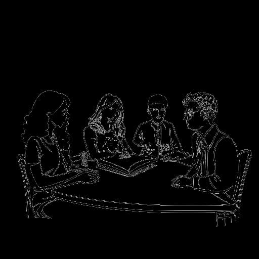 Strichzeichnung einer Frau, die Dagi Bee darstellt, an einem Schreibtisch sitzt, auf eine Matheaufgabe schaut und von verschiedenen Klassenkameraden umgeben ist