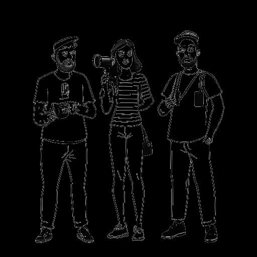 Strichzeichnung einer Frau und zweier Männer, die Dagi Bee, Julien Bam und Kayef darstellen, die zusammenstehen, wobei einer eine Kamera und der andere ein Mikrofon hält, mit den Worten 'YouTube Collaboration' im Hintergrund