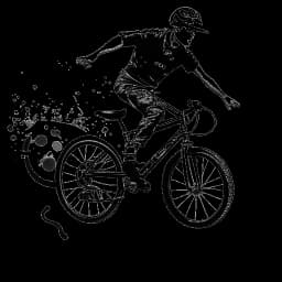 Strichzeichnung eines Mannes, der Adam22 darstellt und einen BMX-Stunt ausführt, mit Musiknoten und Graffiti, die die urbane Landschaft verzieren, vor einem einfachen Hintergrund.