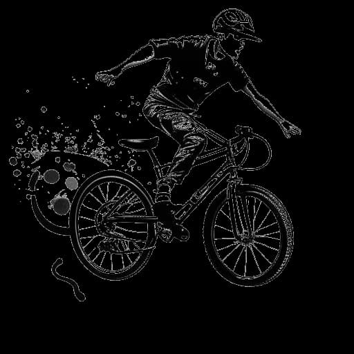 Strichzeichnung eines Mannes, der Adam22 darstellt und einen BMX-Stunt ausführt, mit Musiknoten und Graffiti, die die urbane Landschaft verzieren, vor einem einfachen Hintergrund.