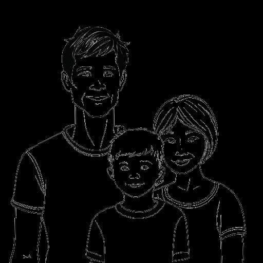 Line art drawing of a family with a man, a woman, and a boy representing Adam22, his parents, and his sister.