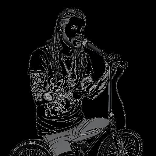Line art drawing of a man with long hair and tattoos, representing Adam22, standing in front of a microphone, holding a BMX bike, with a laptop displaying his social media profiles in the background.