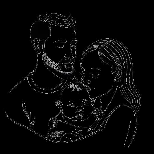 Line art drawing of a man and a woman, representing Adam22 and Lena the Plug, holding a baby, with a birthdate displayed in the background.