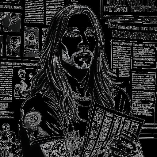 Line art drawing of a man with long hair and tattoos, representing Adam22, standing in front of a graffiti wall, with a newspaper headline displaying his past criminal accusations.